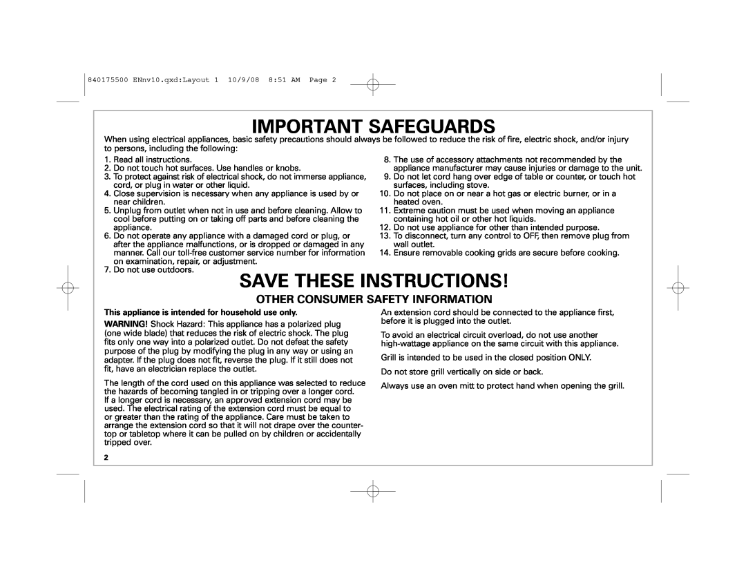 Hamilton Beach Indoor Grill manual Important Safeguards, Save These Instructions, Other Consumer Safety Information 