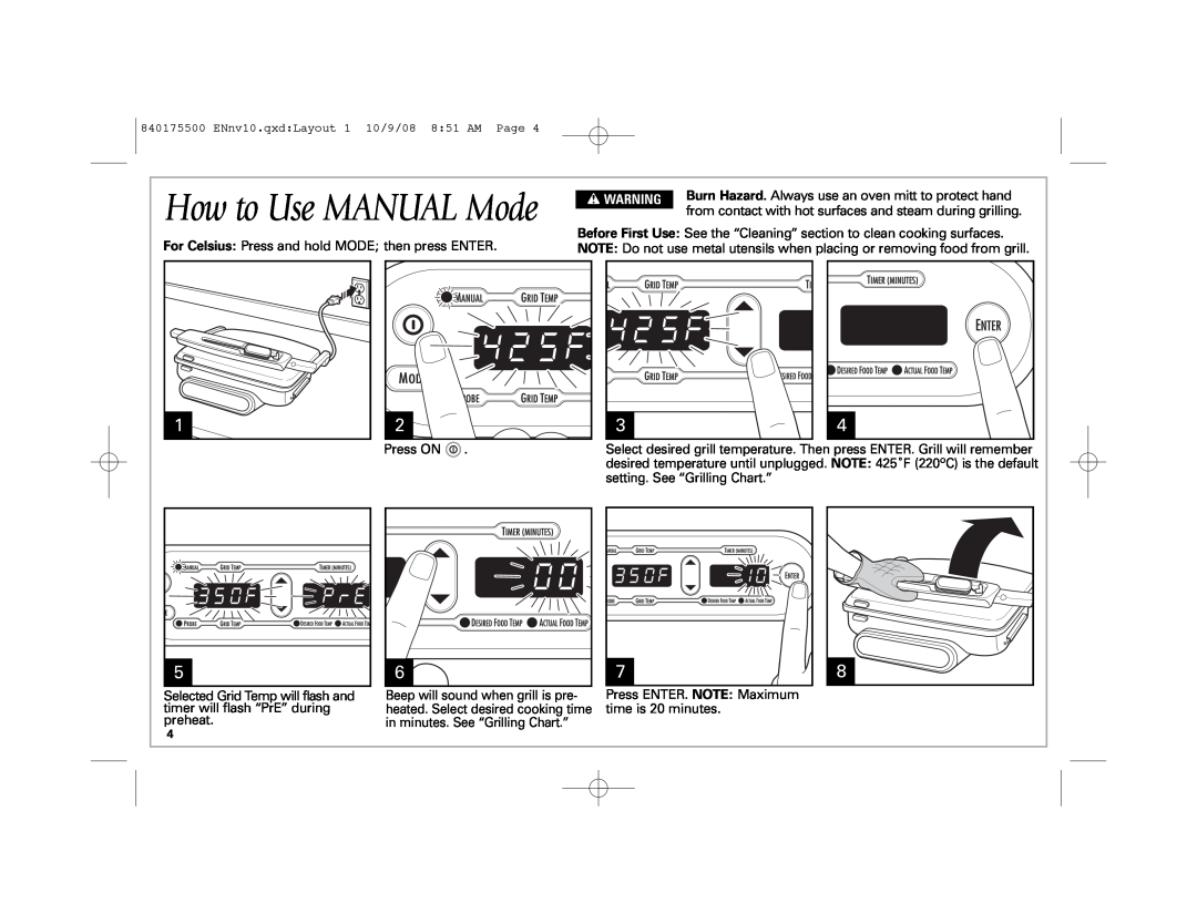 Hamilton Beach Indoor Grill manual How to Use MANUAL Mode, w WARNING 