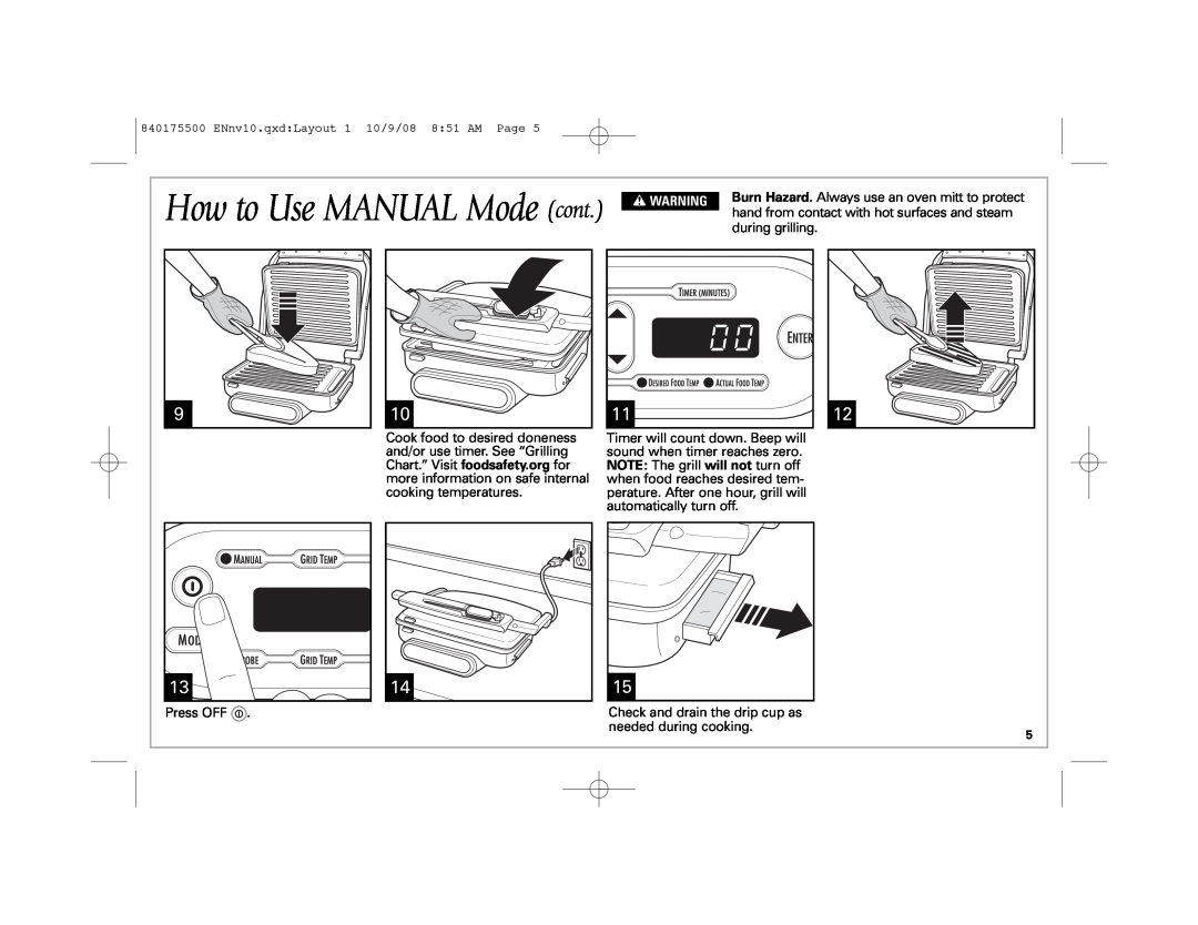 Hamilton Beach Indoor Grill manual How to Use MANUAL Mode cont, w WARNING 