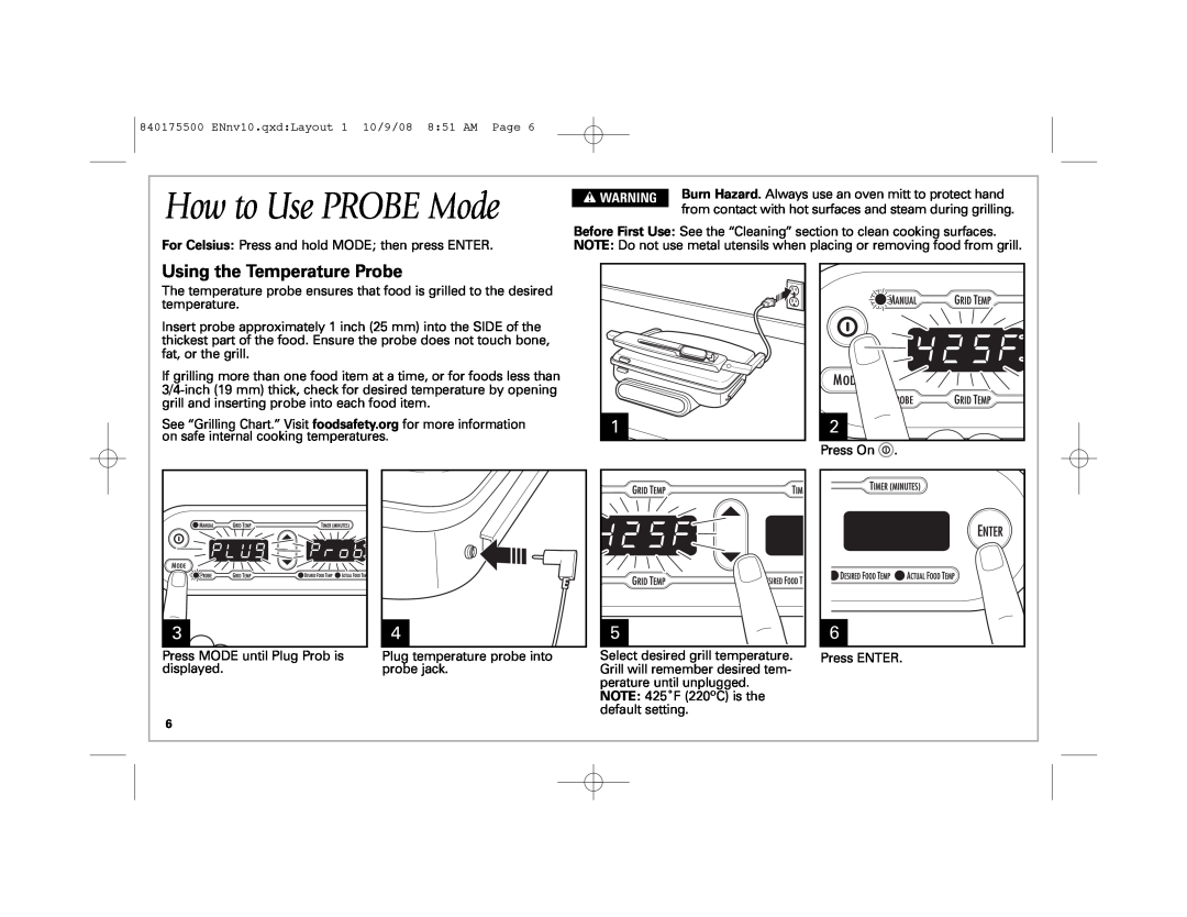 Hamilton Beach Indoor Grill manual How to Use PROBE Mode, Using the Temperature Probe, w WARNING 
