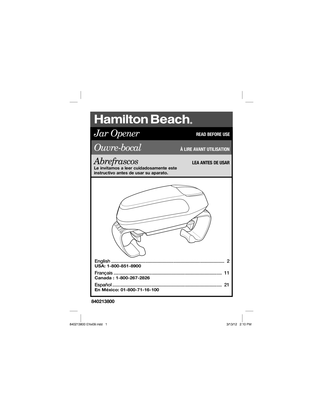 Hamilton Beach 840213800 manual Jar Opener 