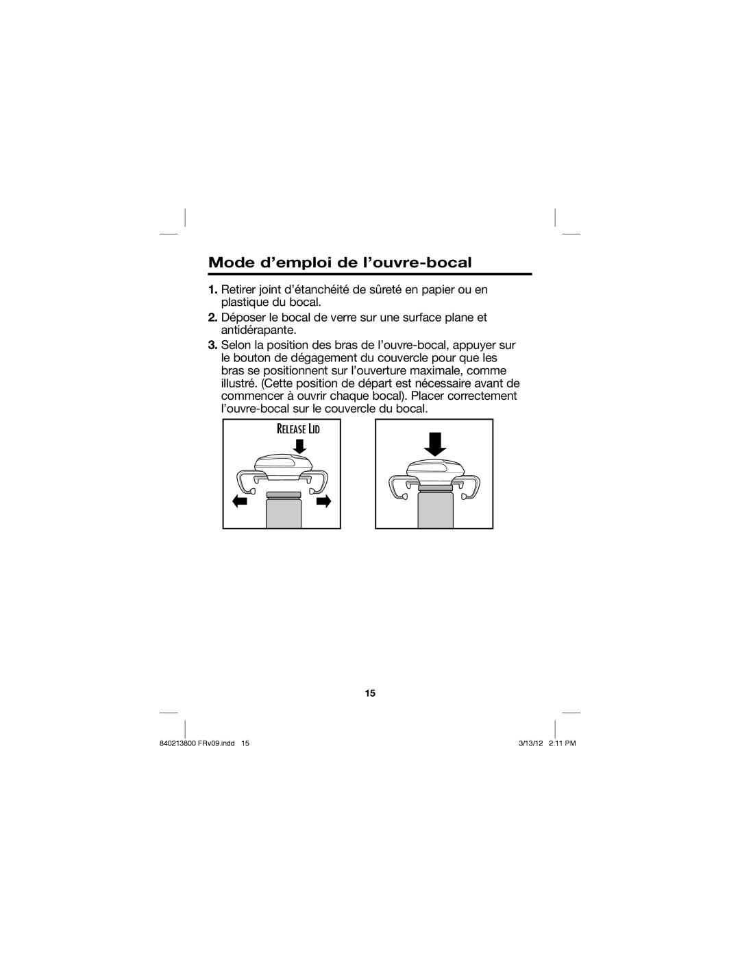 Hamilton Beach 840213800, Jar Opener manual Mode d’emploi de l’ouvre-bocal 