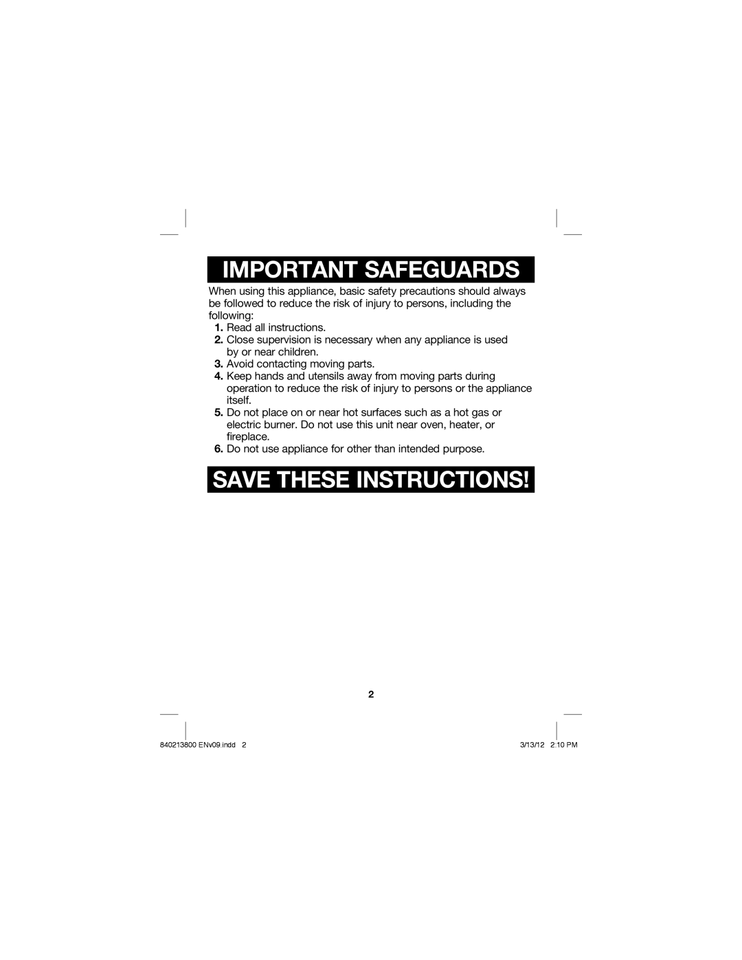 Hamilton Beach Jar Opener, 840213800 manual Important Safeguards 