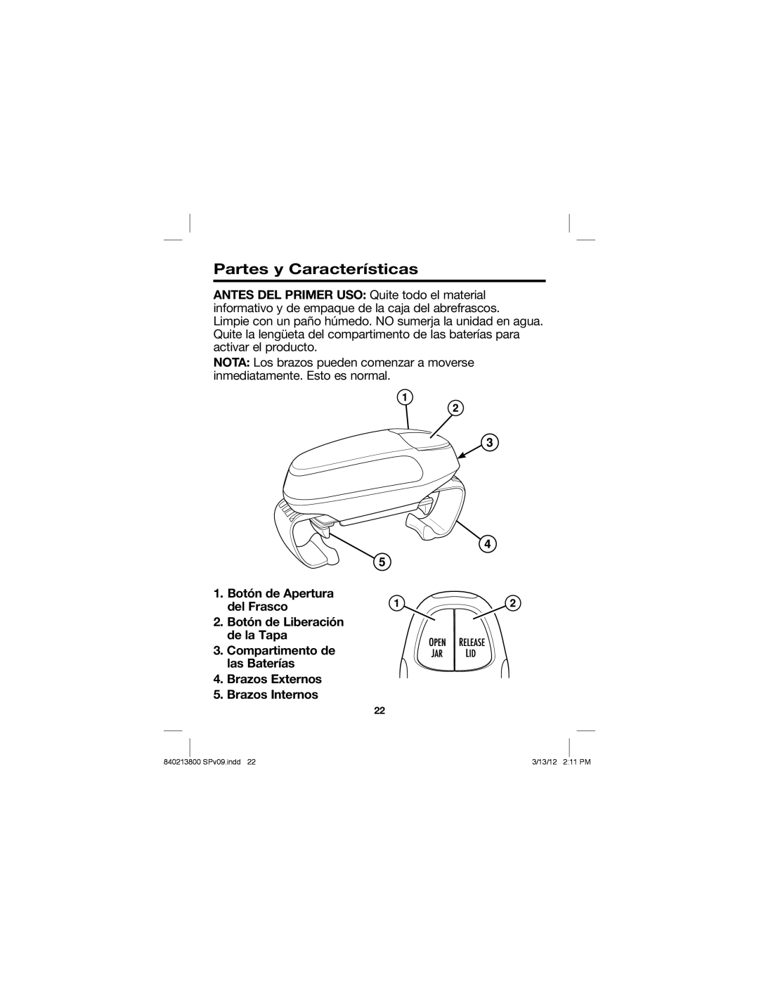 Hamilton Beach Jar Opener, 840213800 manual Partes y Características 