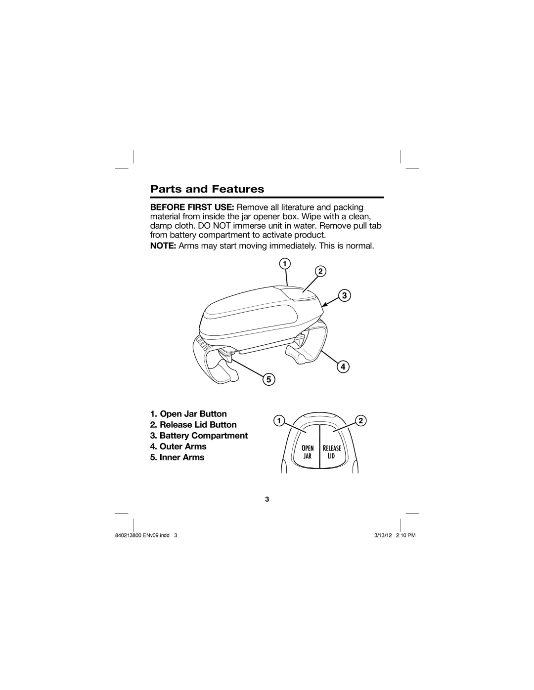 Hamilton Beach 840213800, Jar Opener manual Parts and Features 