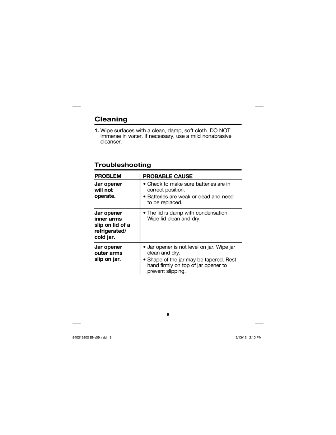 Hamilton Beach Jar Opener, 840213800 manual Cleaning, Problem Probable Cause 