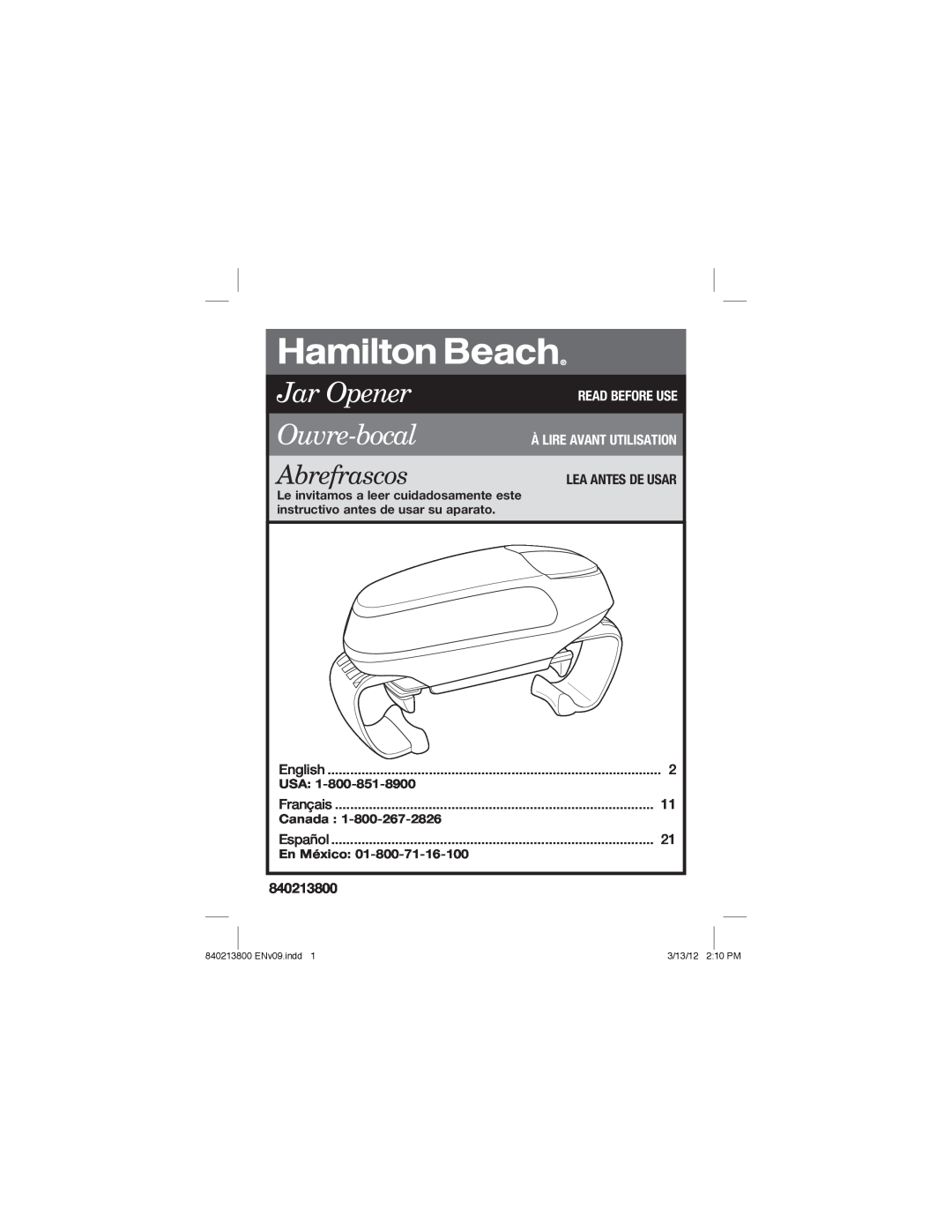 Hamilton Beach 840213800 manual Jar Opener, Ouvre-bocal, Abrefrascos, Read Before Use, Àlire Avant Utilisation, English 