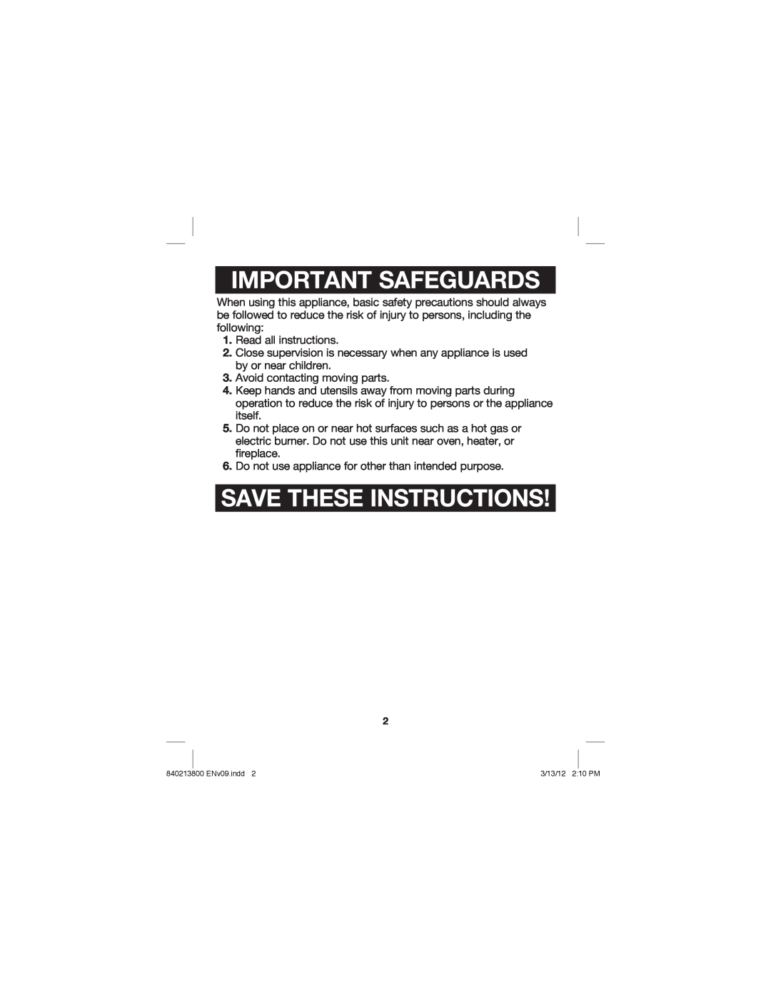 Hamilton Beach Jar Opener, 840213800 manual Important Safeguards, Save These Instructions 