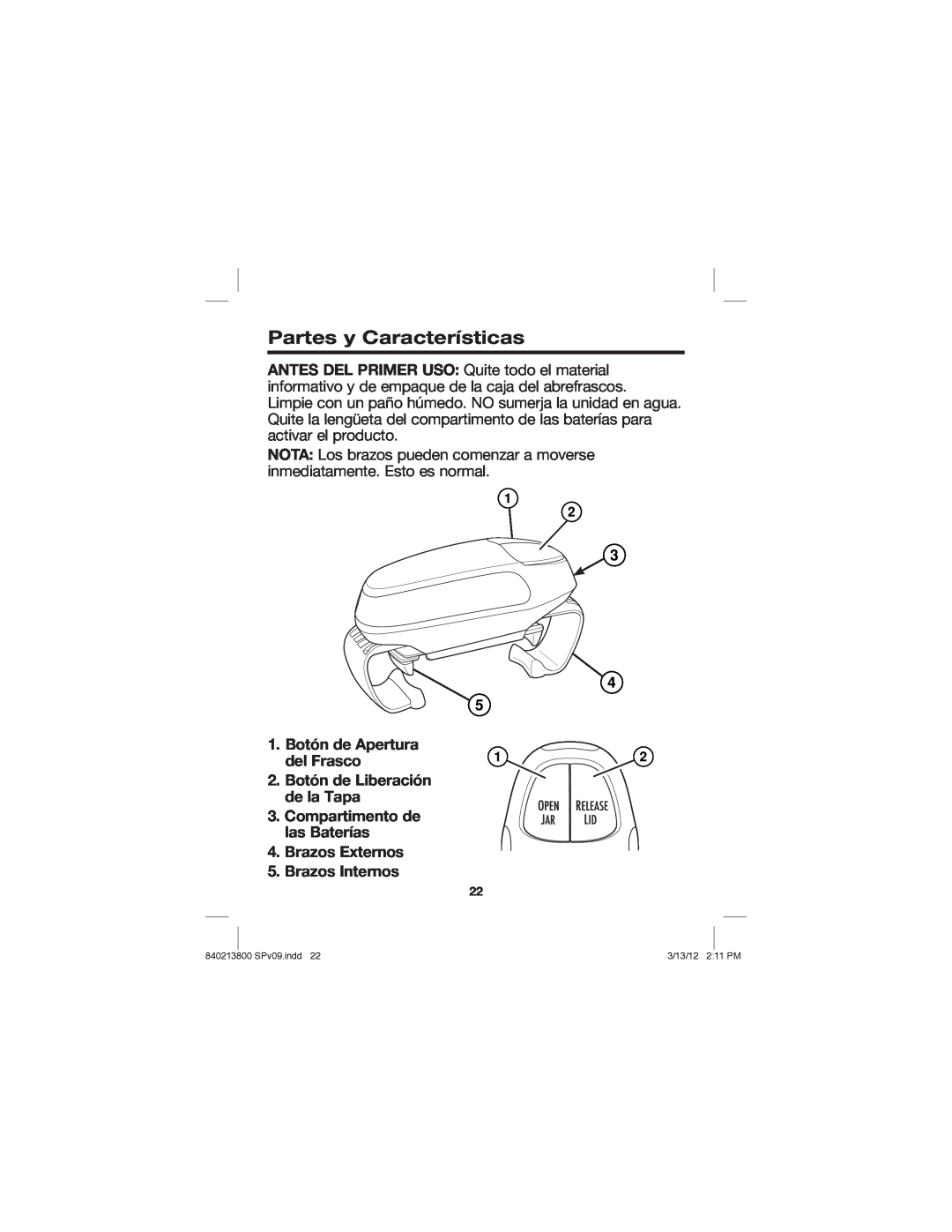 Hamilton Beach Jar Opener manual Partes y Características, Botón de Apertura del Frasco, 2.Botón de Liberación de la Tapa 