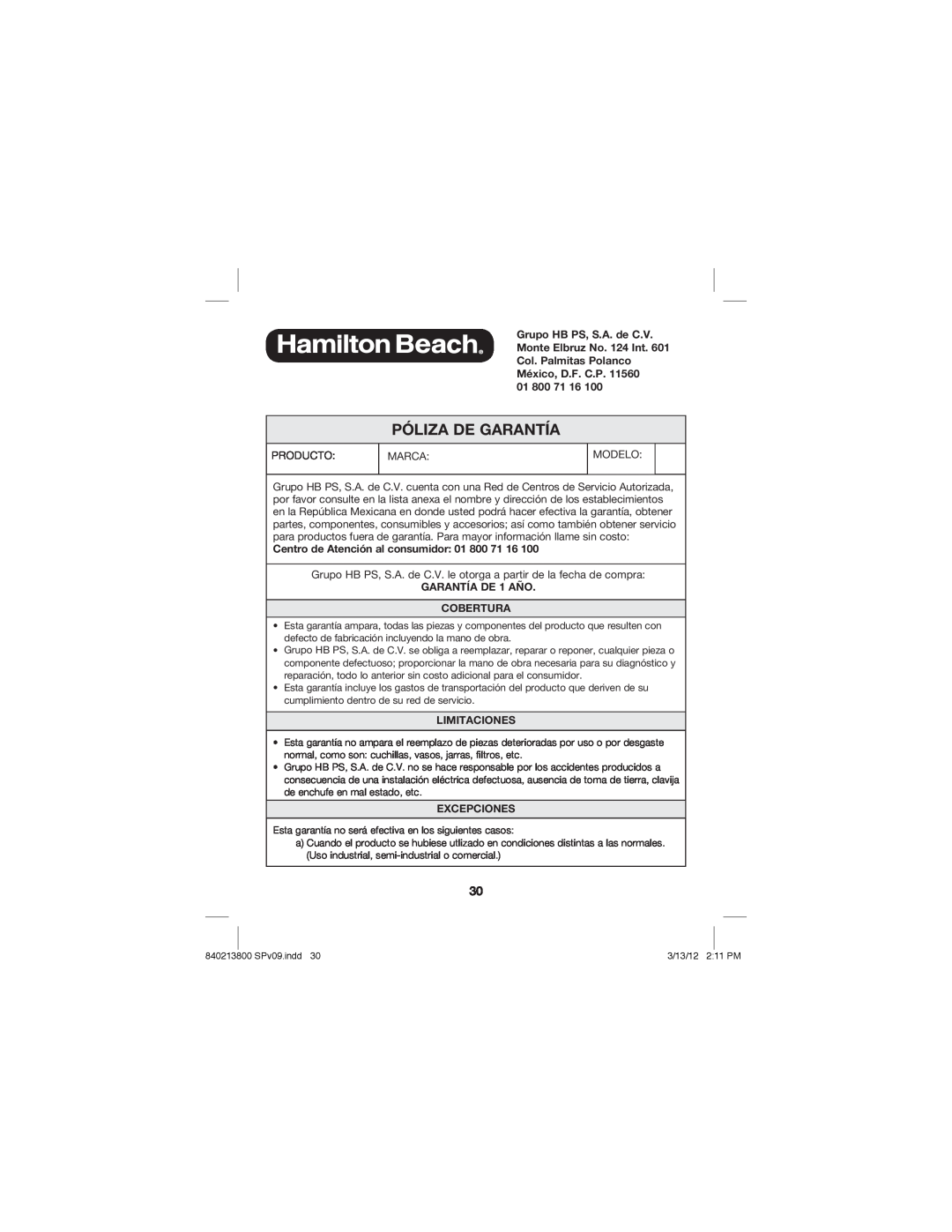 Hamilton Beach Jar Opener manual Centro de Atención al consumidor, GARANTÍA DE 1 AÑO COBERTURA, Limitaciones, Excepciones 