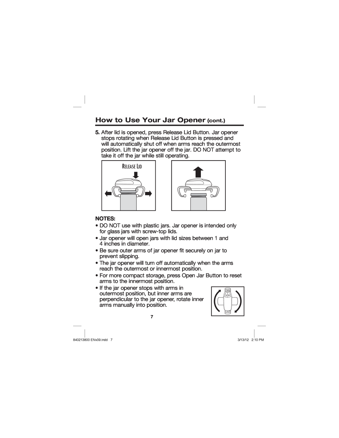 Hamilton Beach 840213800 manual How to Use Your Jar Opener cont, Release Lid 