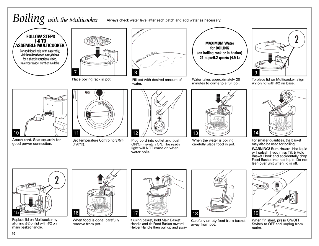 Hamilton Beach Meal Maker quick start Boiling with the Multicooker, Maximum Water For Boiling, Cups/5.2 quarts 4.9 L 