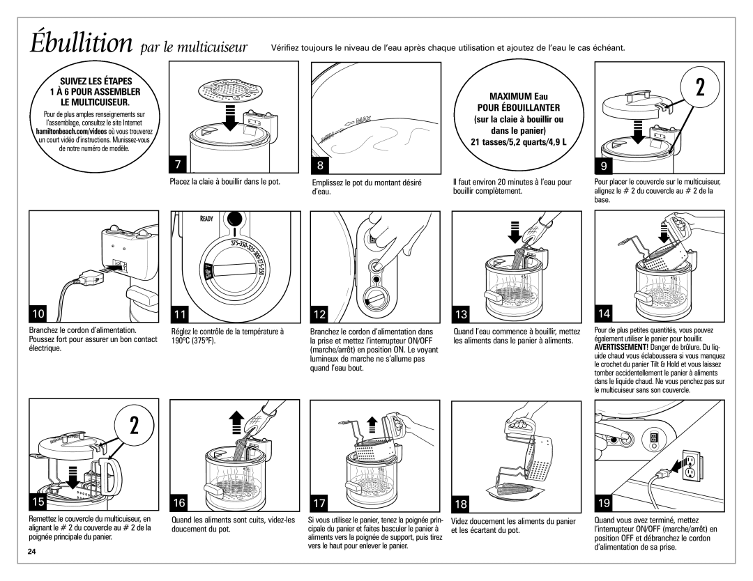 Hamilton Beach Meal Maker quick start Ébullition par le multicuiseur, Maximum Eau, Et les écartant du pot 