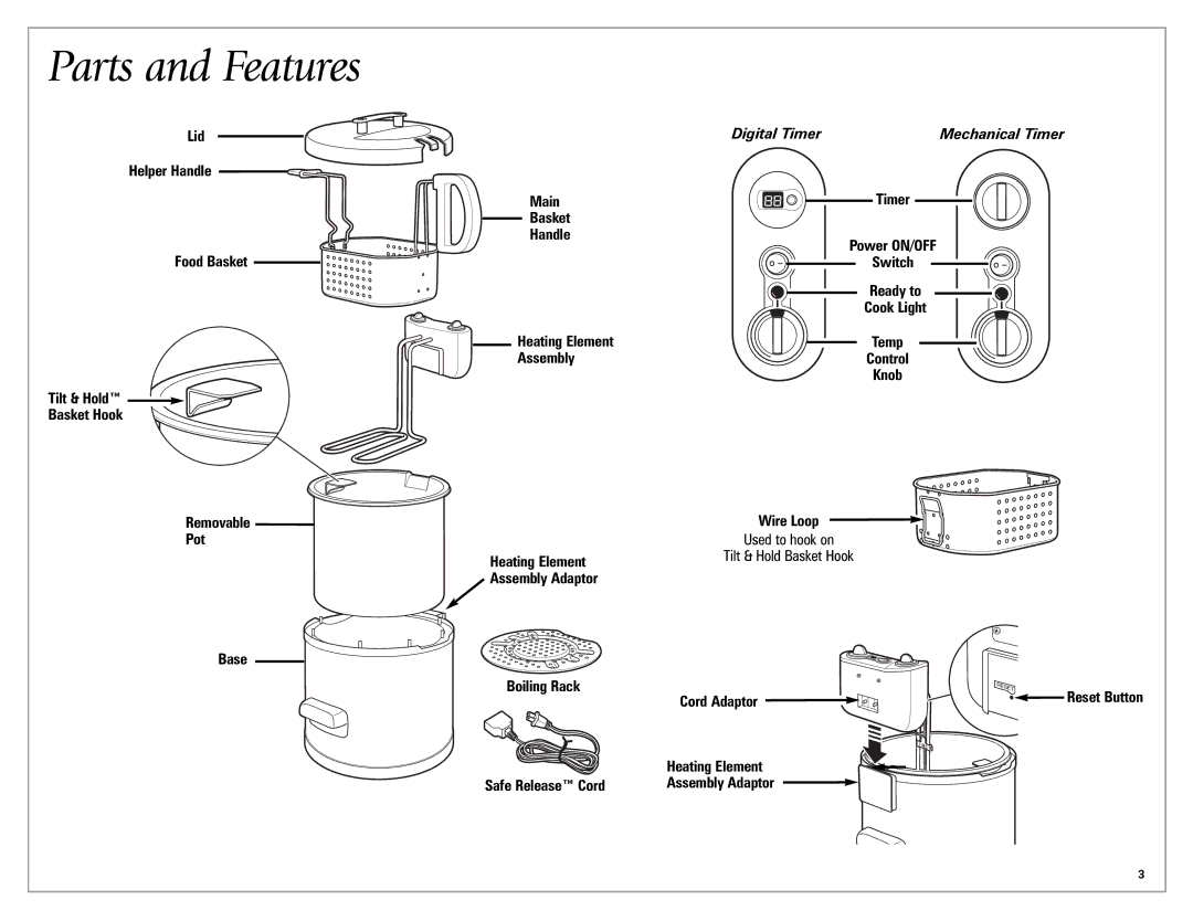 Hamilton Beach Meal Maker quick start Parts and Features, Cord Adaptor, Heating Element Assembly Adaptor 