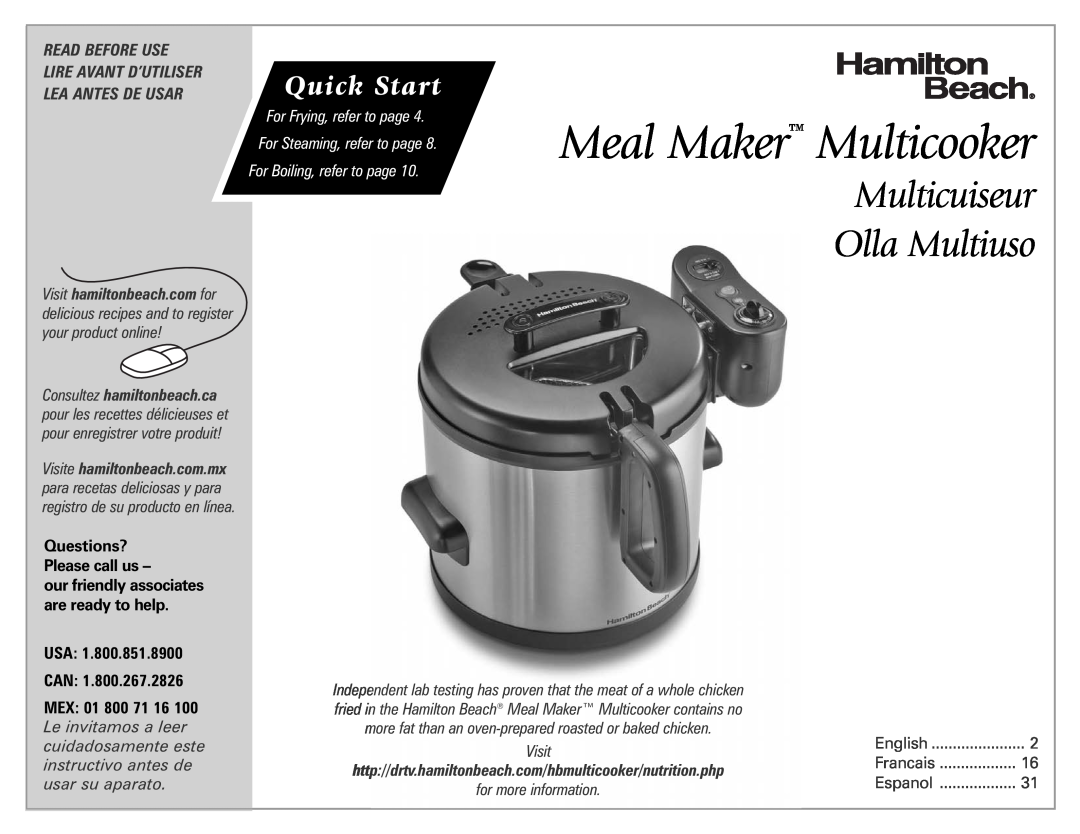Hamilton Beach quick start Multicuiseur Olla Multiuso, Usa Can, Meal Maker Multicooker, Quick Start, English, Francais 