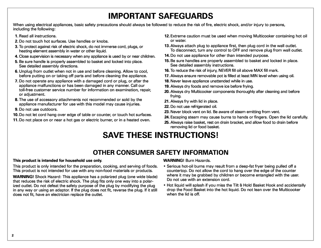 Hamilton Beach Meal Maker quick start Important Safeguards, Save These Instructions, Other Consumer Safety Information 