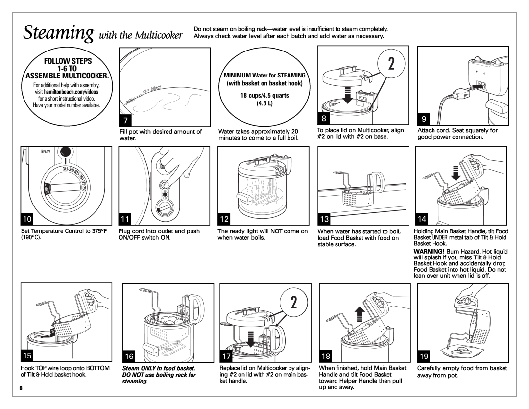 Hamilton Beach Meal Maker Steaming with the Multicooker, FOLLOW STEPS 1-6 TO ASSEMBLE MULTICOOKER, cups/4.5 quarts 4.3 L 