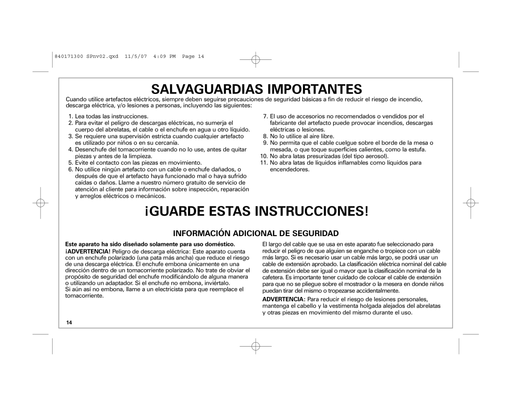 Hamilton Beach Opening Station manual Salvaguardias Importantes 