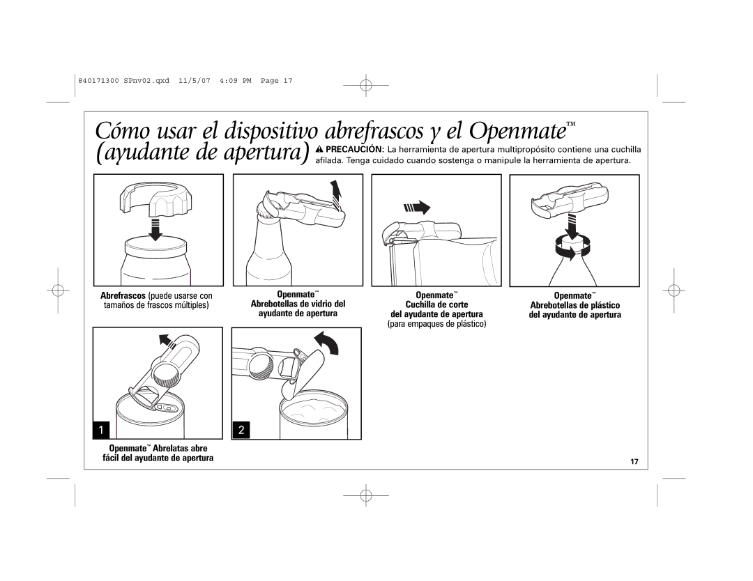 Hamilton Beach Opening Station manual Cómo usar el dispositivo abrefrascos y el Openmate, Openmate Abrelatas abre 