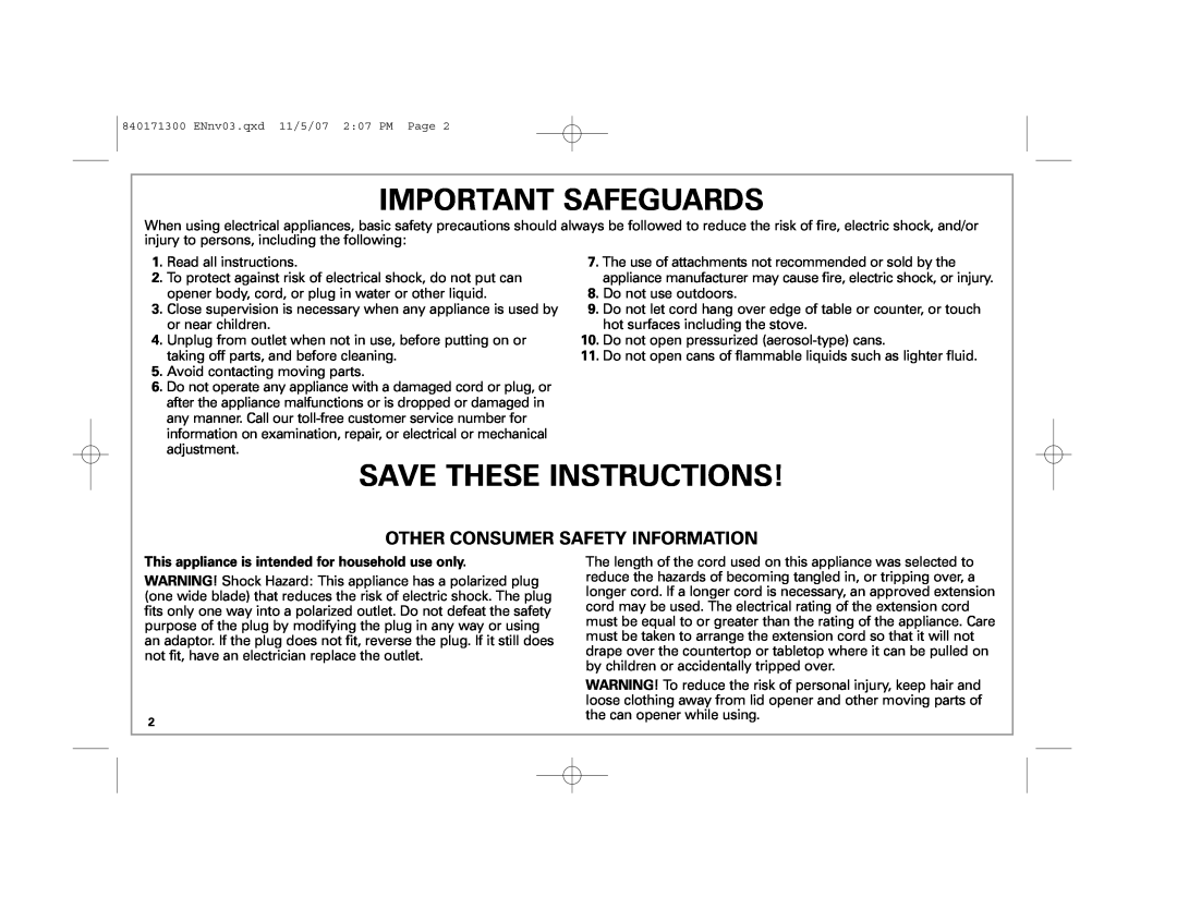 Hamilton Beach Opening Station manual Important Safeguards, Save These Instructions, Other Consumer Safety Information 
