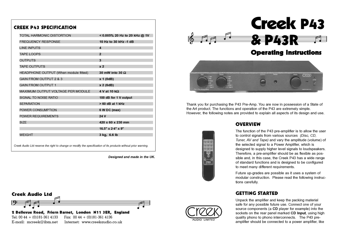 Hamilton Beach operating instructions Creek P43 Specification, Overview, Getting Started 