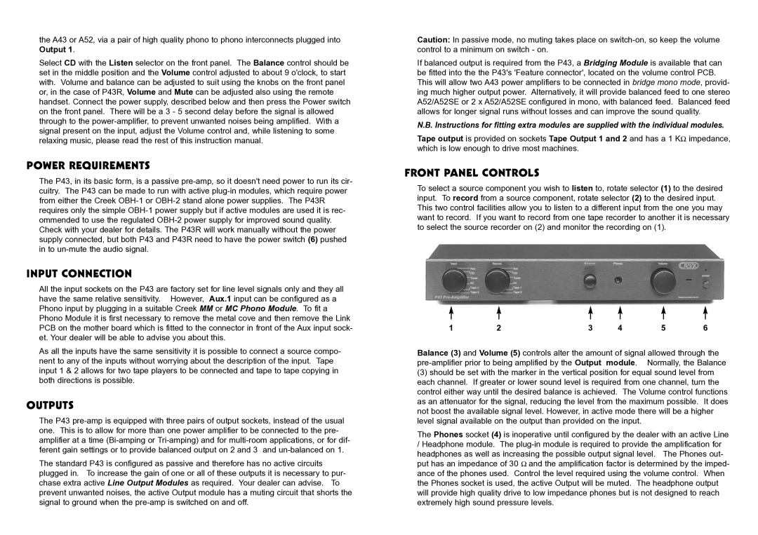 Hamilton Beach P43 operating instructions Power Requirements, Input Connection, Outputs, Front Panel Controls 