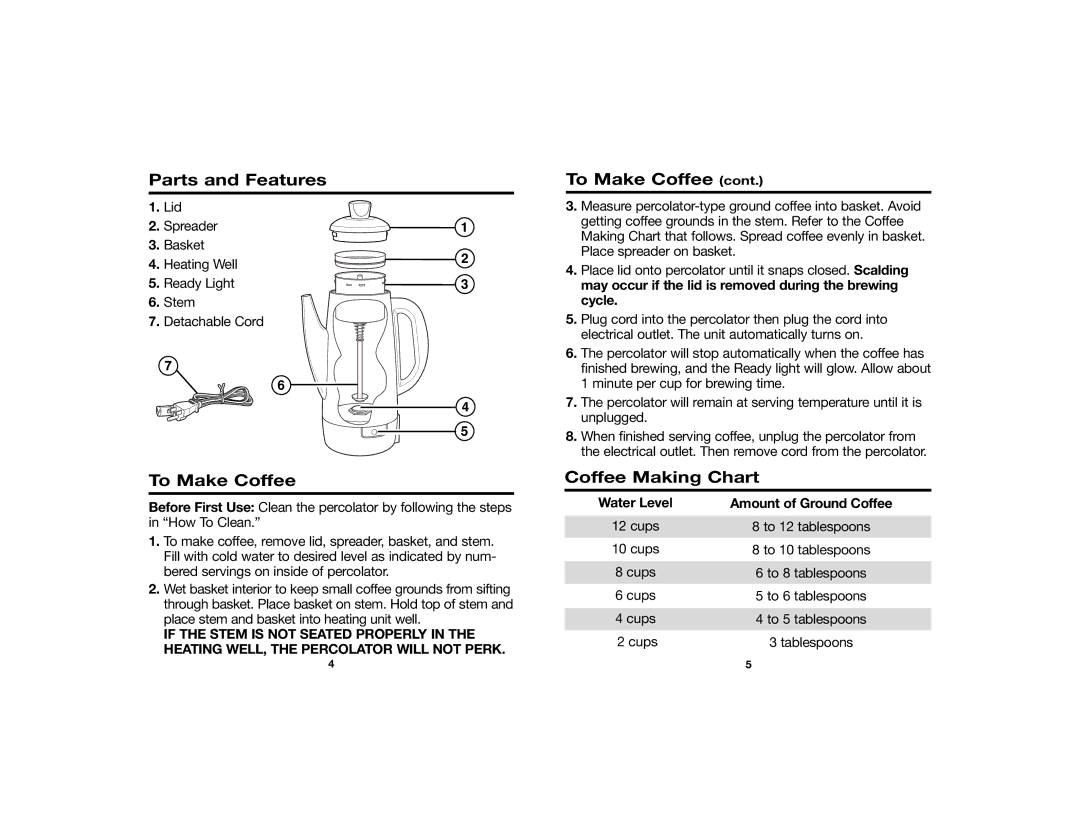 Hamilton Beach Percolator manual Parts and Features, To Make Coffee, Coffee Making Chart 