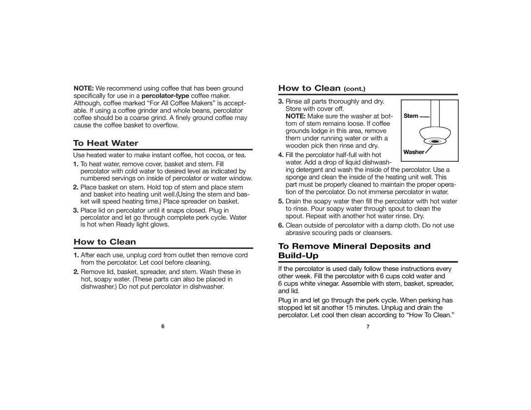 Hamilton Beach Percolator manual To Heat Water, How to Clean, To Remove Mineral Deposits and Build-Up 