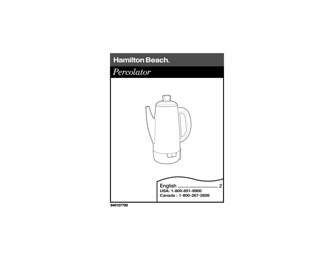Hamilton Beach Percolator manual USA Canada, English, 840107700 
