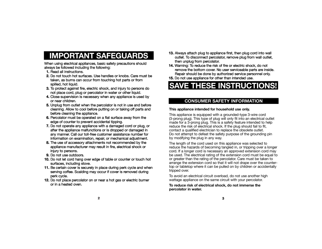 Hamilton Beach Percolator manual Important Safeguards, Save These Instructions, Consumer Safety Information 