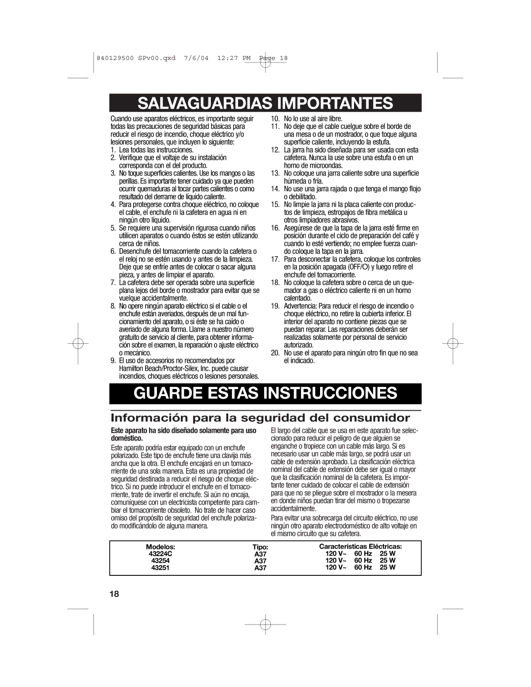 Hamilton Beach Programmable Coffeemaker manual Salvaguardias Importantes 