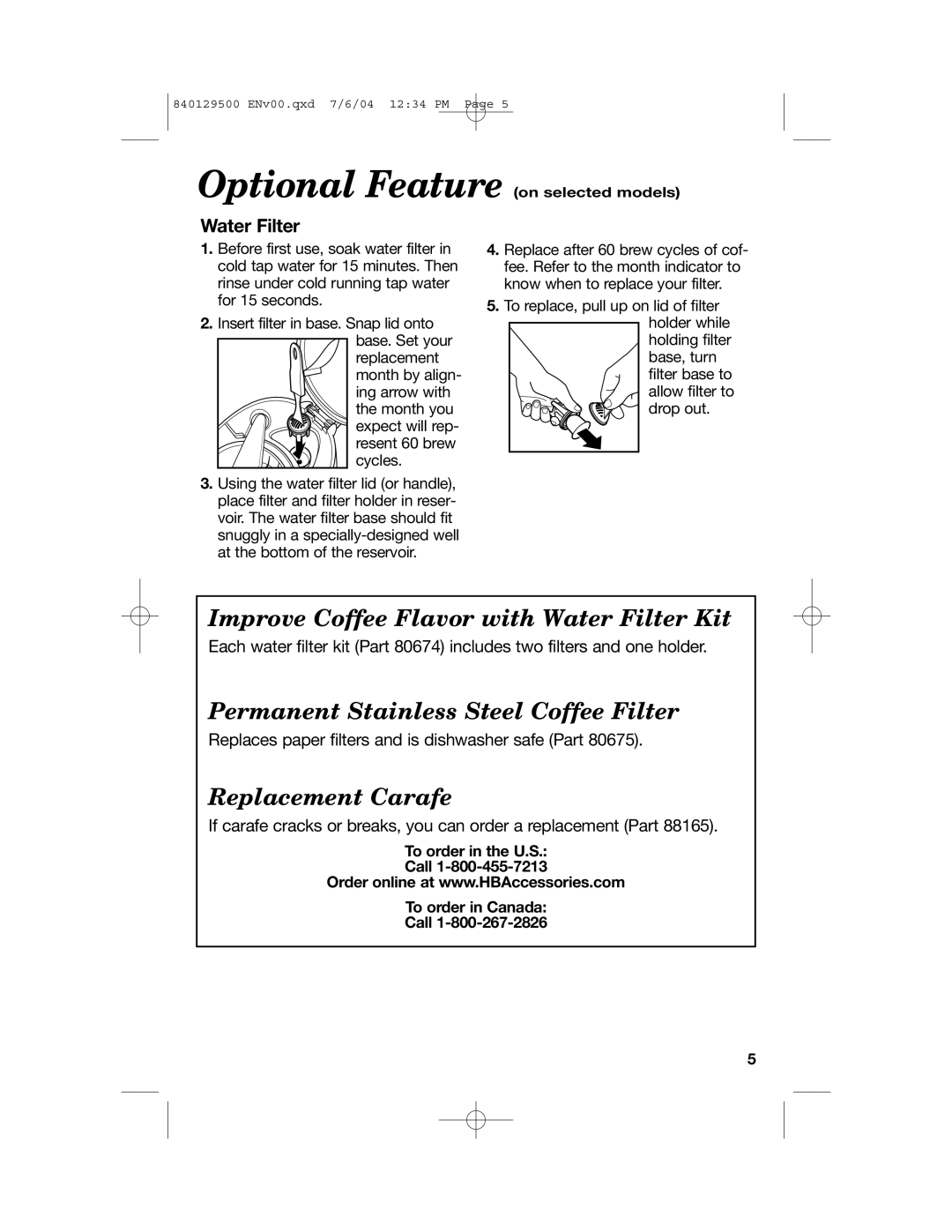 Hamilton Beach Programmable Coffeemaker manual Water Filter, To order in the U.S Call To order in Canada 