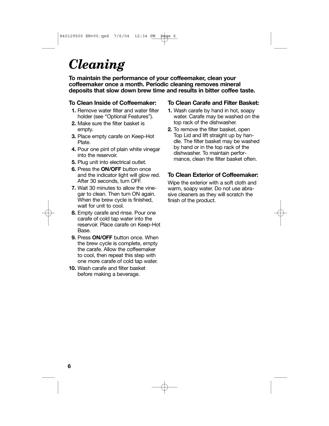 Hamilton Beach Programmable Coffeemaker manual Cleaning, To Clean Inside of Coffeemaker, To Clean Exterior of Coffeemaker 