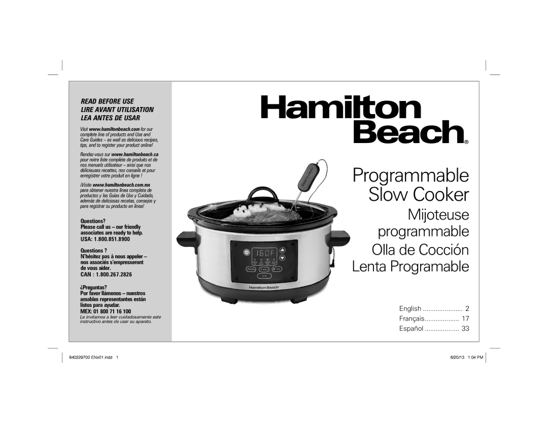 Hamilton Beach 33958 manual Programmable Slow Cooker 