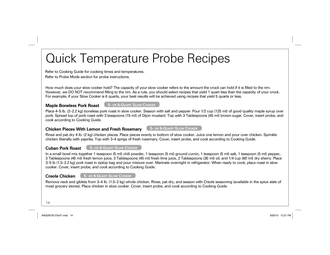 Hamilton Beach Programmable Slow Cooker manual Quick Temperature Probe Recipes, Maple Boneless Pork Roast, Cuban Pork Roast 