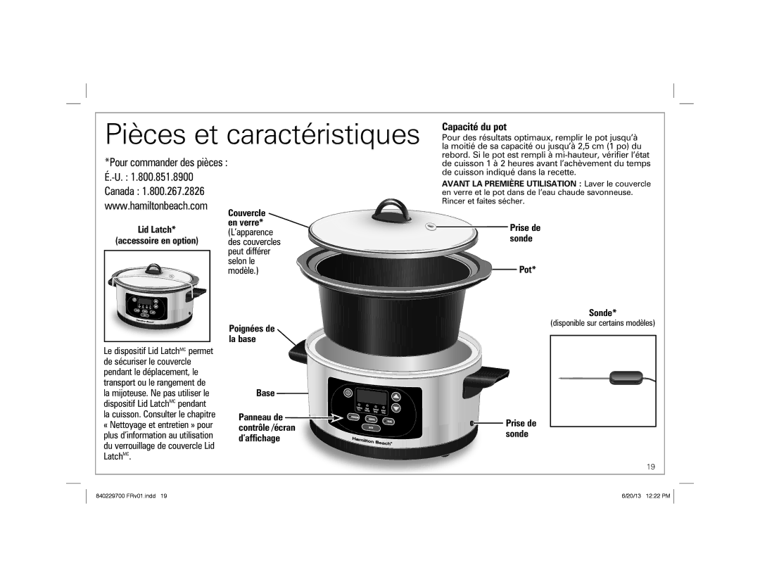 Hamilton Beach 33958, Programmable Slow Cooker manual Pièces et caractéristiques, Capacité du pot 