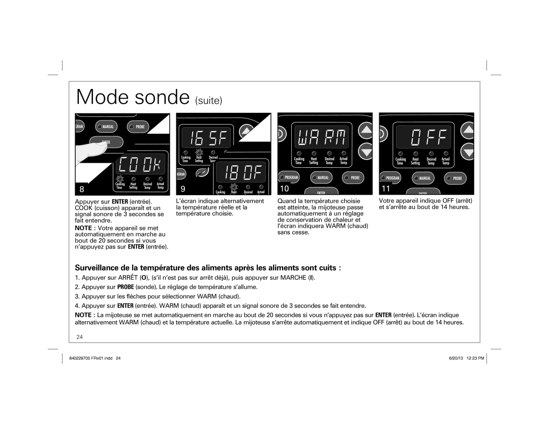 Hamilton Beach Programmable Slow Cooker, 33958 manual Mode sonde suite 