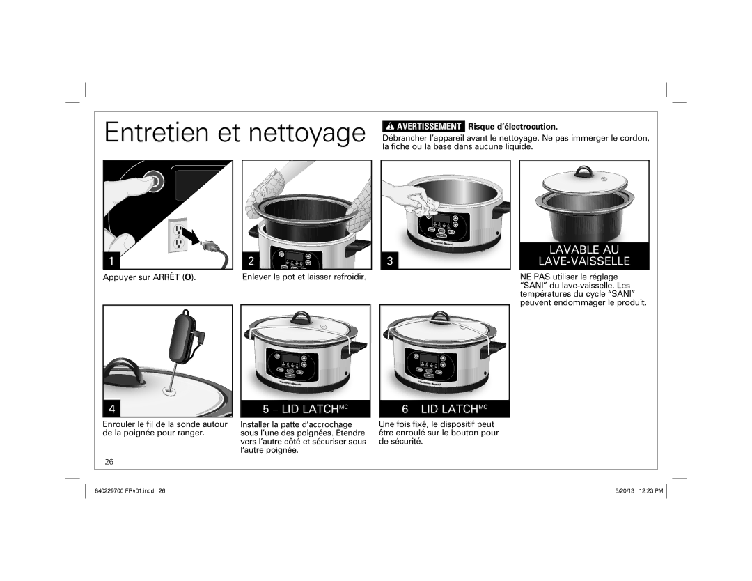 Hamilton Beach Programmable Slow Cooker, 33958 manual Entretien et nettoyage, Avertissement Risque d’électrocution 