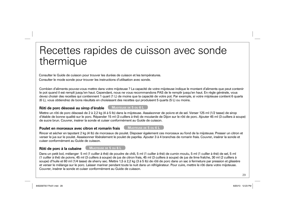 Hamilton Beach 33958, Programmable Slow Cooker Recettes rapides de cuisson avec sonde thermique, Rôti de porc à la cubaine 