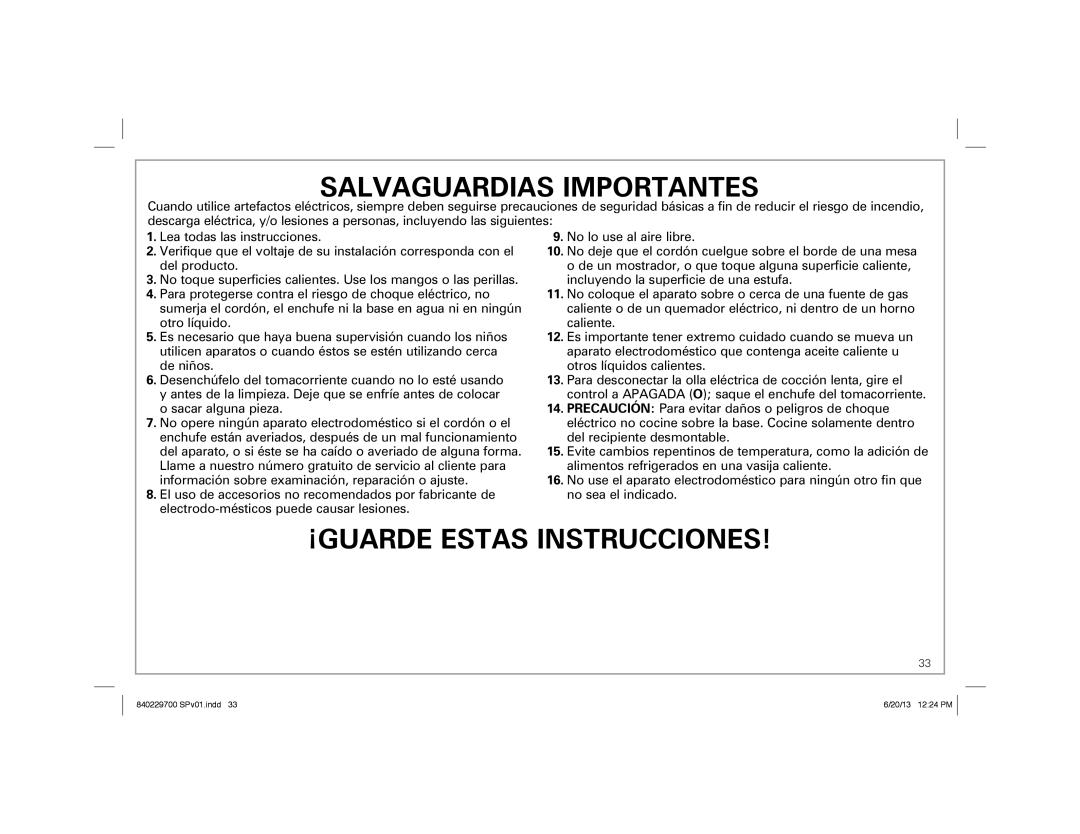 Hamilton Beach 33958, Programmable Slow Cooker manual Salvaguardias Importantes 