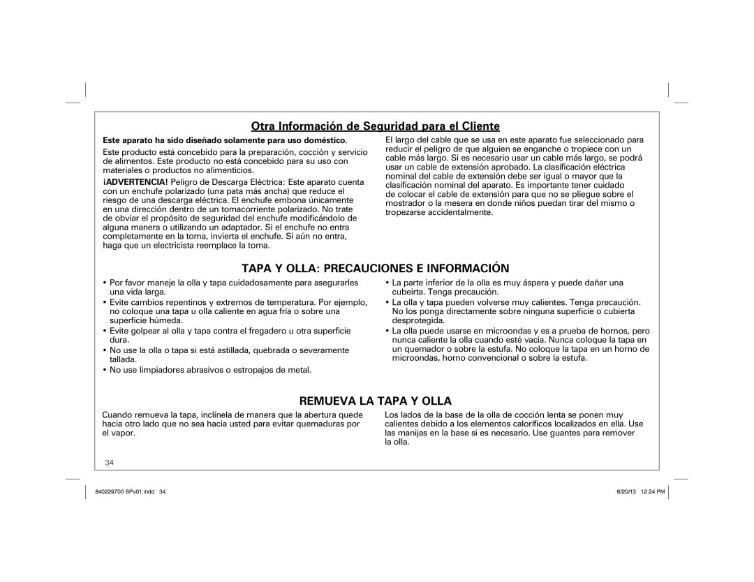 Hamilton Beach Programmable Slow Cooker, 33958 manual Otra Información de Seguridad para el Cliente 