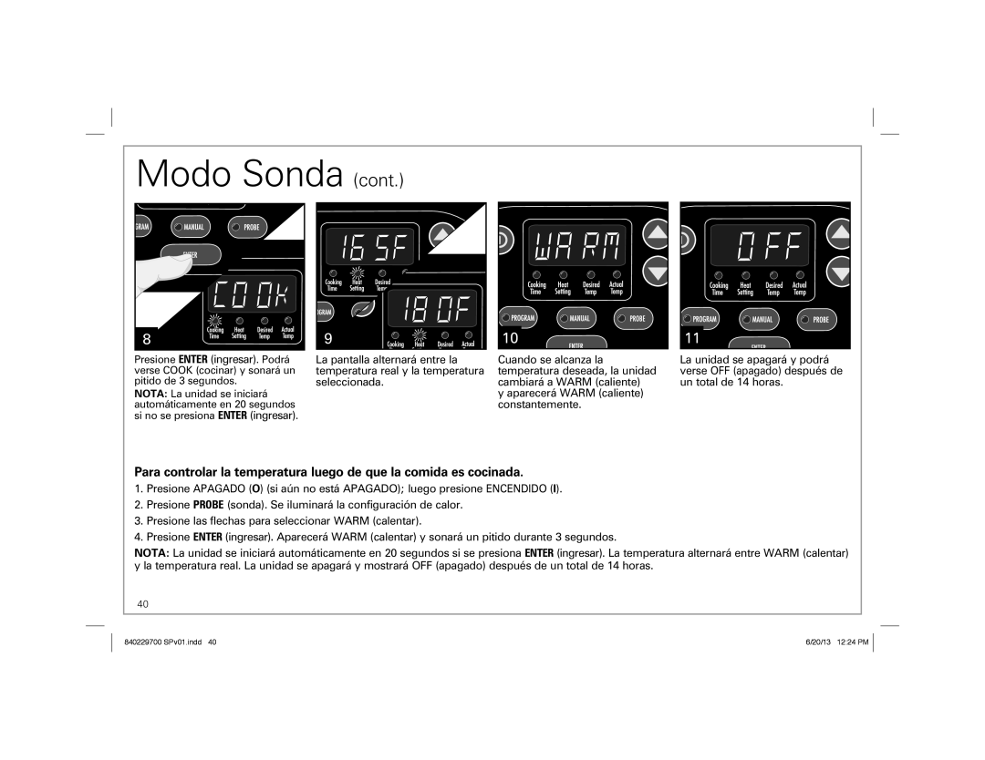 Hamilton Beach Programmable Slow Cooker, 33958 manual Modo Sonda 