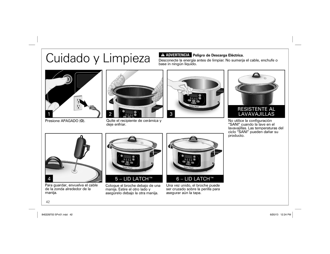 Hamilton Beach Programmable Slow Cooker, 33958 manual Cuidado y Limpieza, Advertencia Peligro de Descarga Eléctrica 