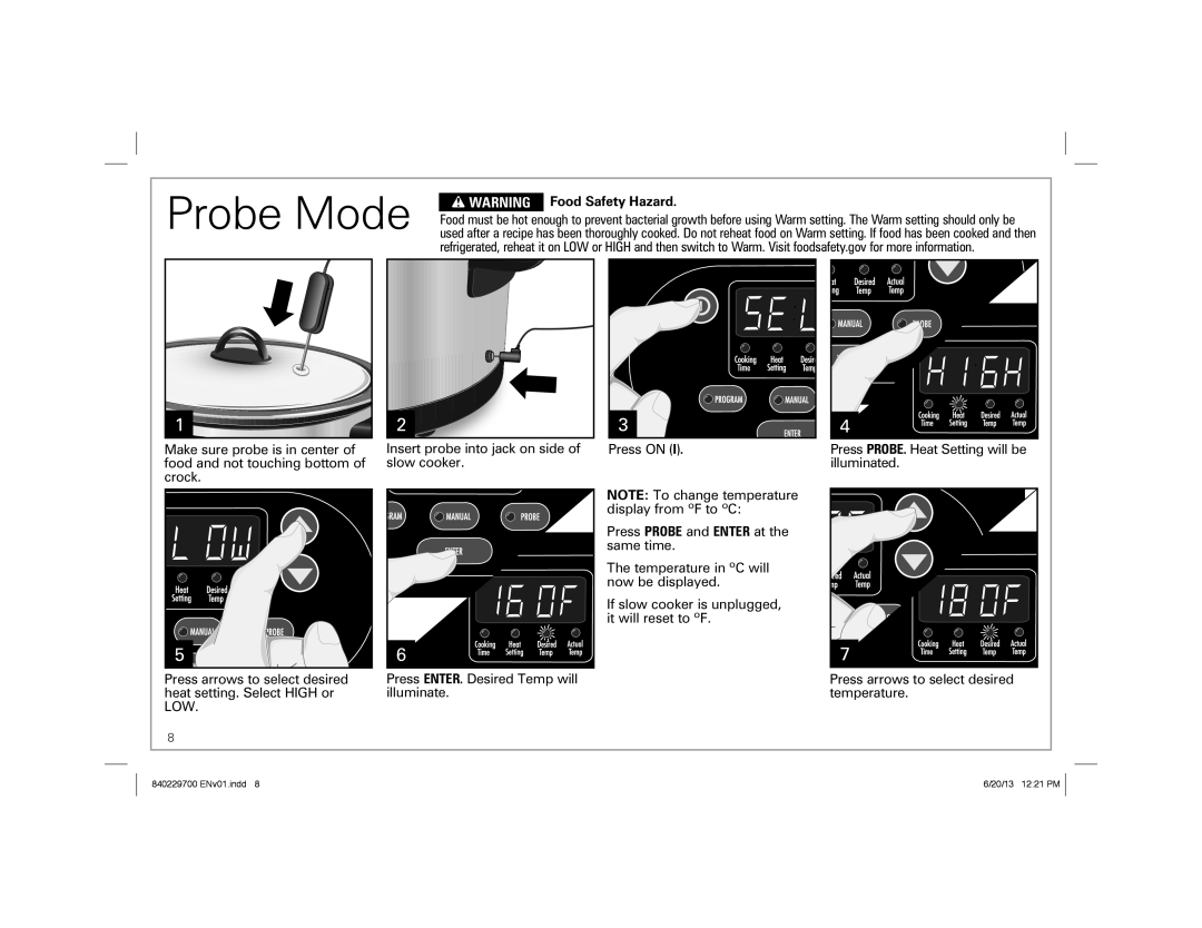 Hamilton Beach Programmable Slow Cooker, 33958 manual Probe Mode 