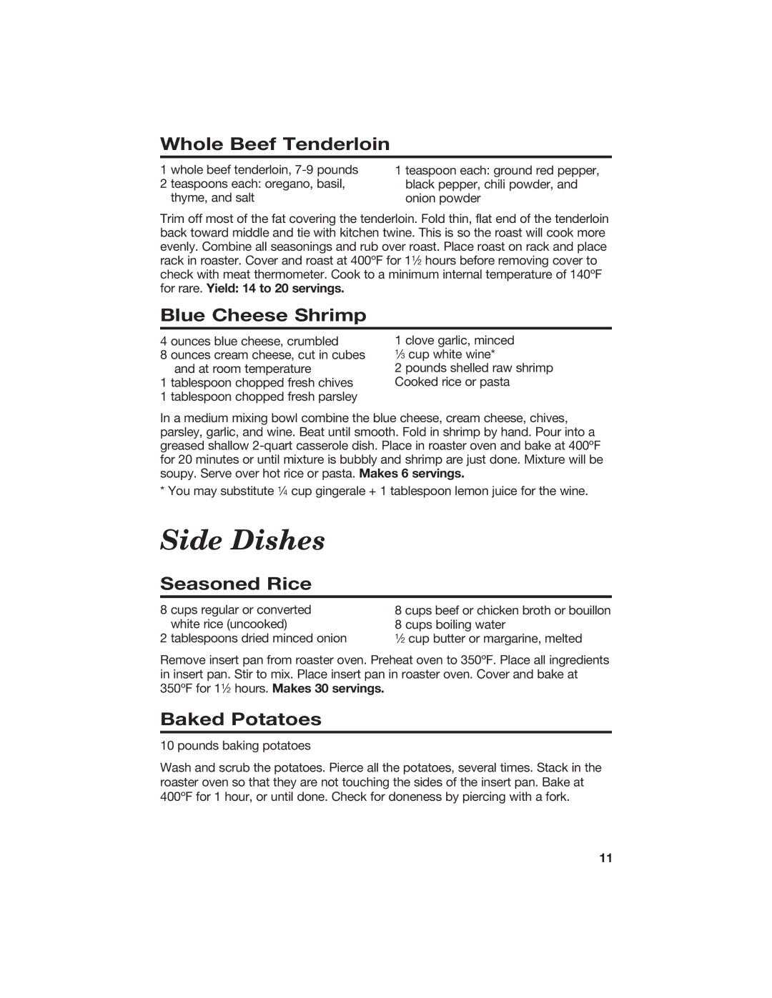 Hamilton Beach Roaster Oven manual Side Dishes, Whole Beef Tenderloin, Blue Cheese Shrimp, Seasoned Rice, Baked Potatoes 