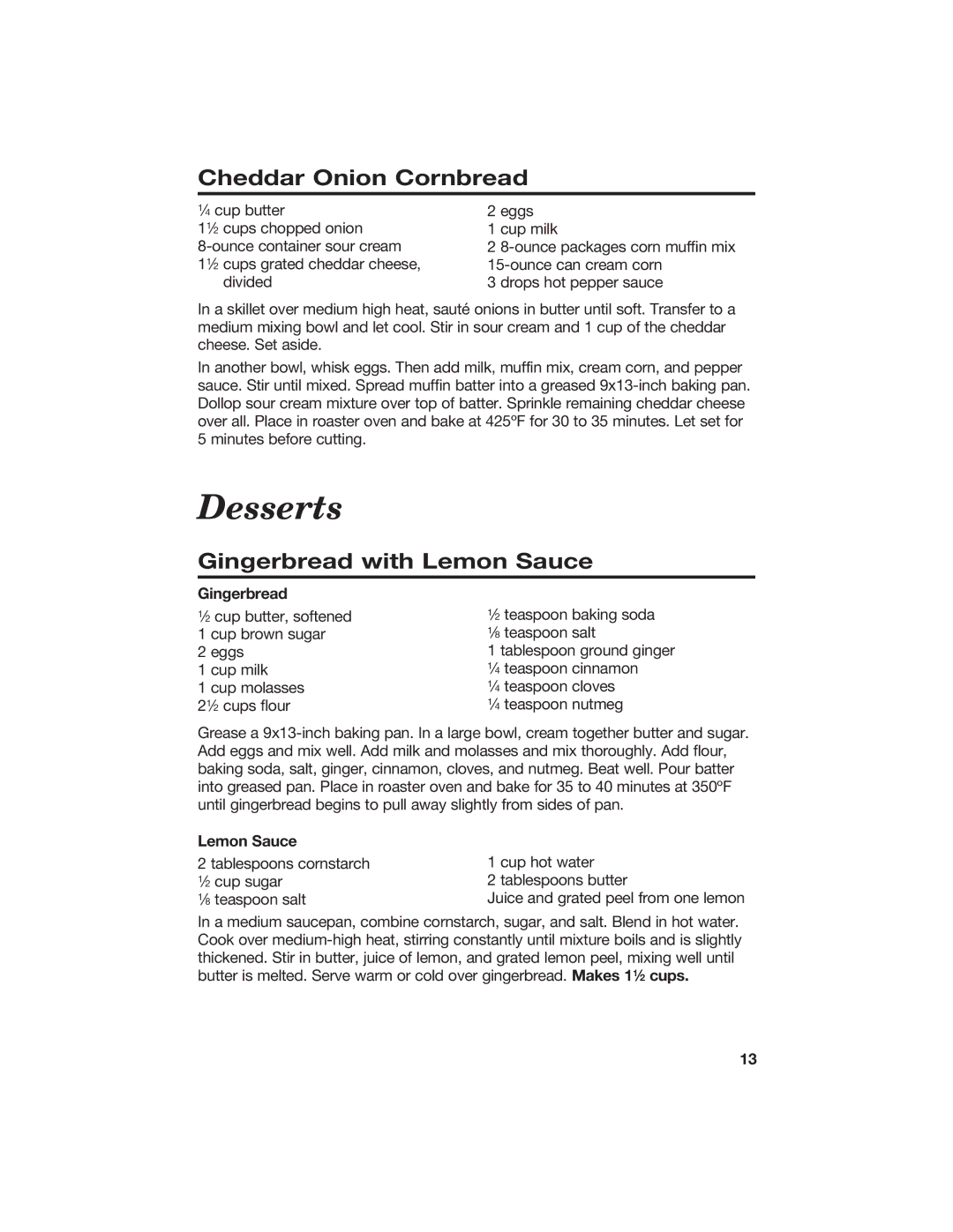 Hamilton Beach Roaster Oven manual Desserts, Cheddar Onion Cornbread, Gingerbread with Lemon Sauce 