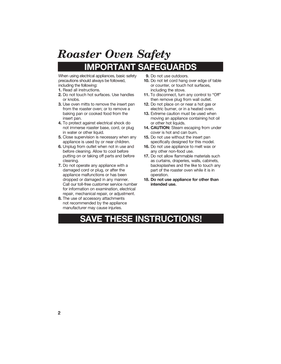 Hamilton Beach manual Roaster Oven Safety, Important Safeguards 