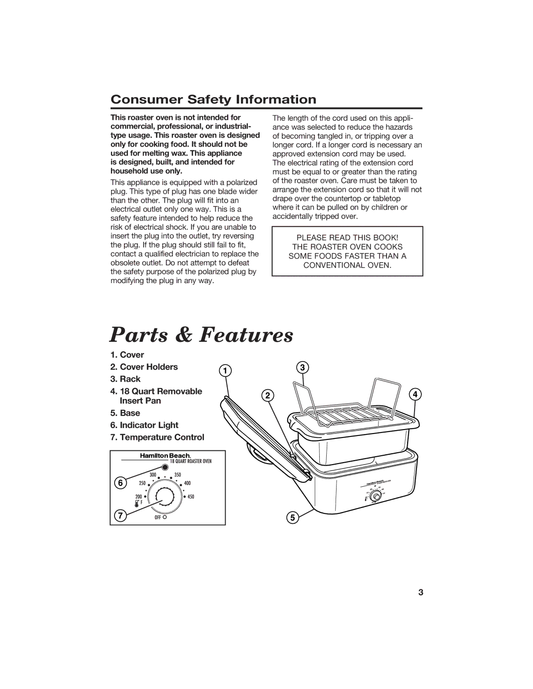 Hamilton Beach Roaster Oven manual Parts & Features, Consumer Safety Information 