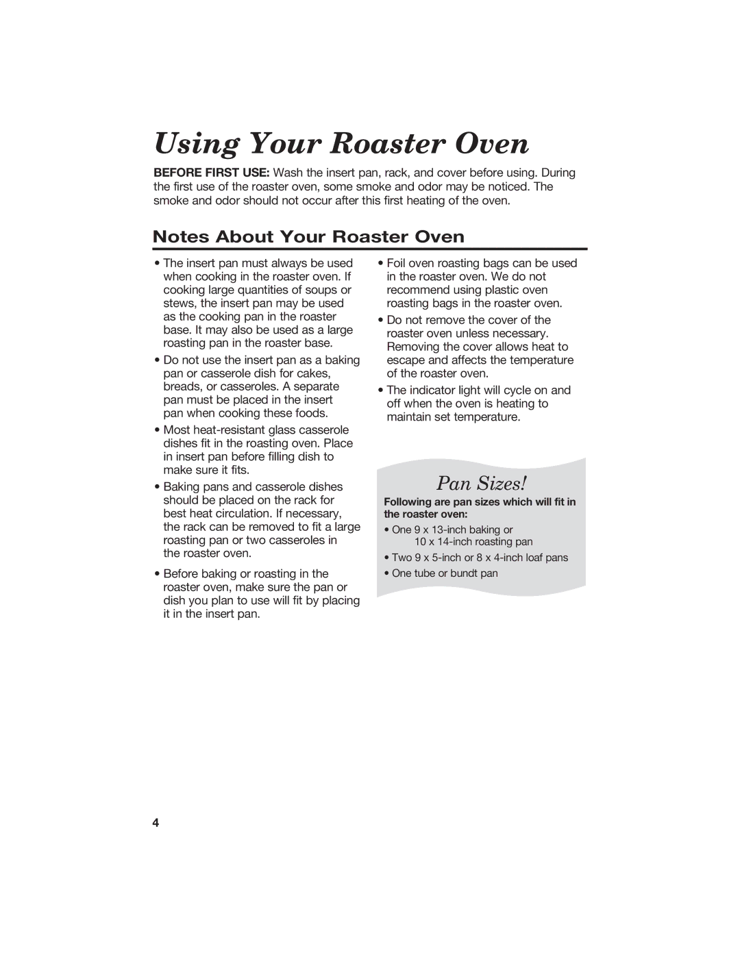 Hamilton Beach manual Using Your Roaster Oven, Pan Sizes 