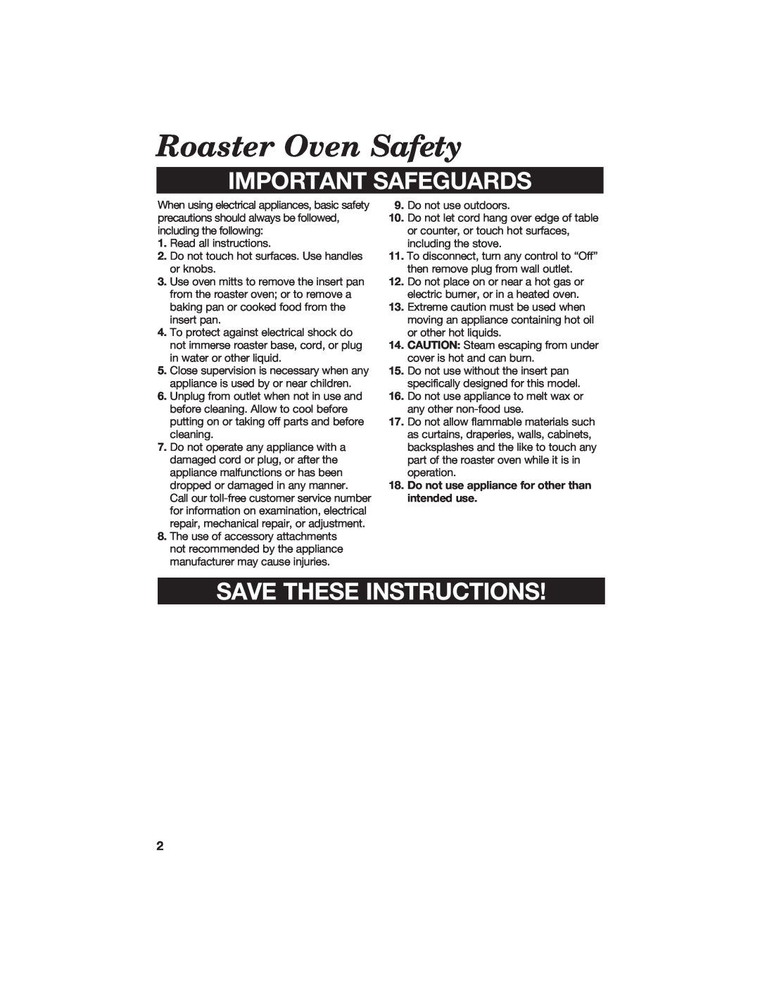 Hamilton Beach manual Roaster Oven Safety, Important Safeguards, Save These Instructions 